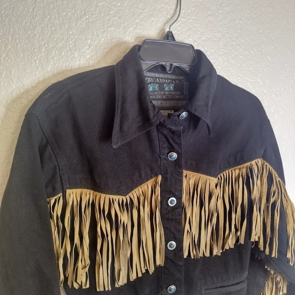 Morganwear Black Denim Western Fringe Festive Turquoise Buttoned Jacket Sz M - Picture 2 of 10